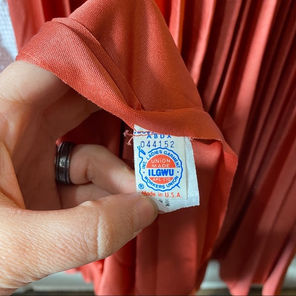 Vintage 70's Pleated Maxi Dress Off the Shoulder Sleeve Crochet Trim Satin - Picture 10 of 16